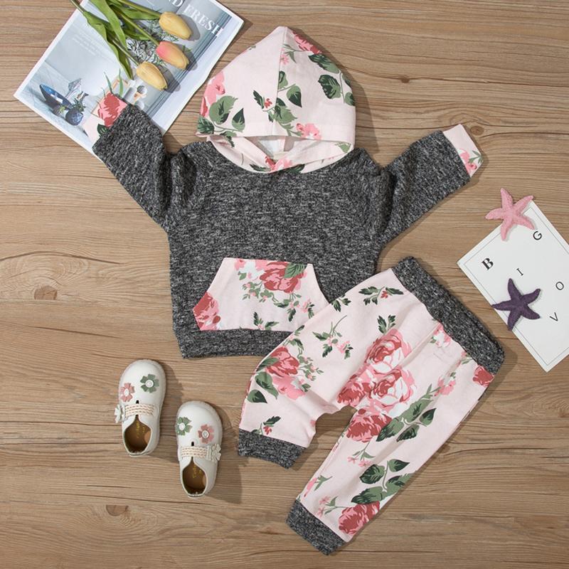 wholesale childrens onesies Baby Girl Floral Print Long Sleeves Hoodie & Pants - PrettyKid