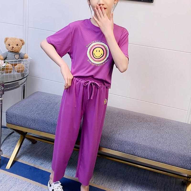 Girl Smiley Pattern T-shirt & Loose Ninth Pants - PrettyKid