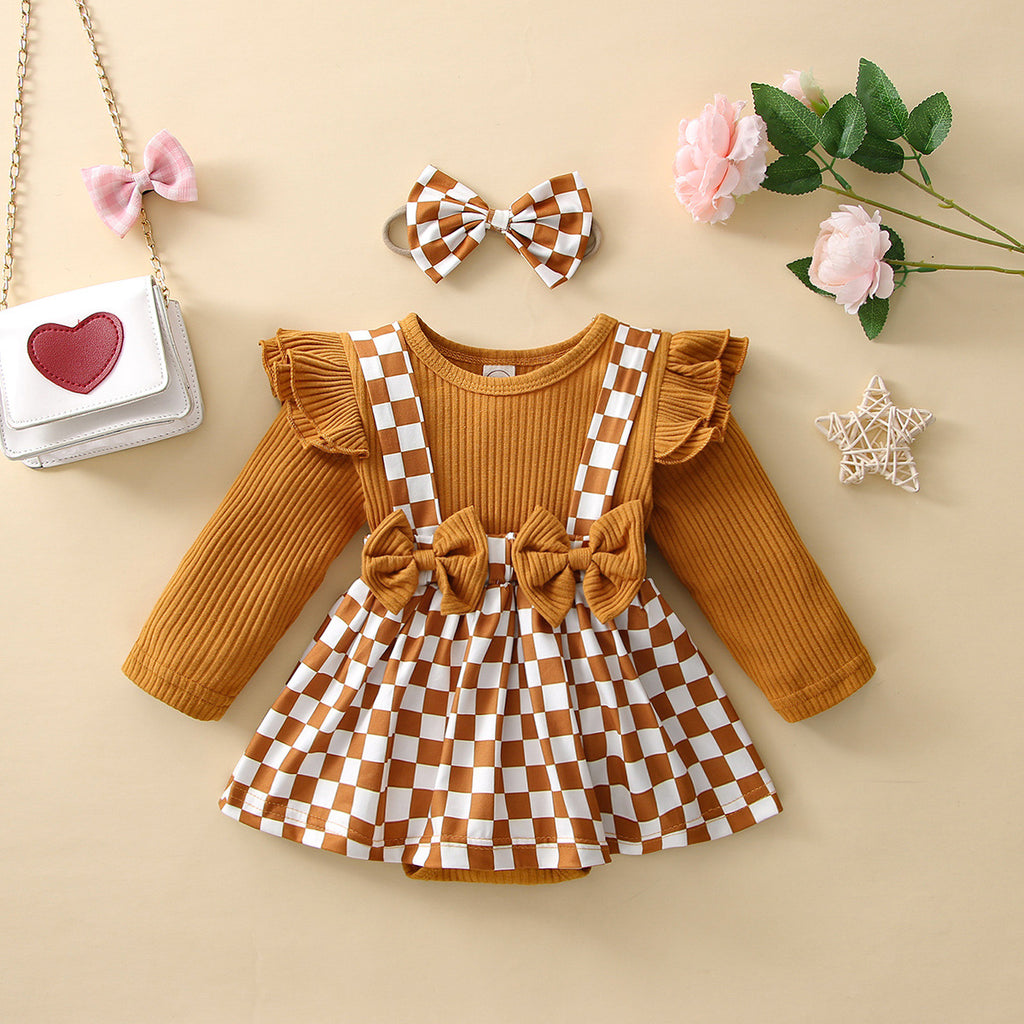 Wholesale Baby Plaid Pattern Ruffles Bow Knot Decor Long Sleeve Overalls Dress & Headband in Bulk - PrettyKid