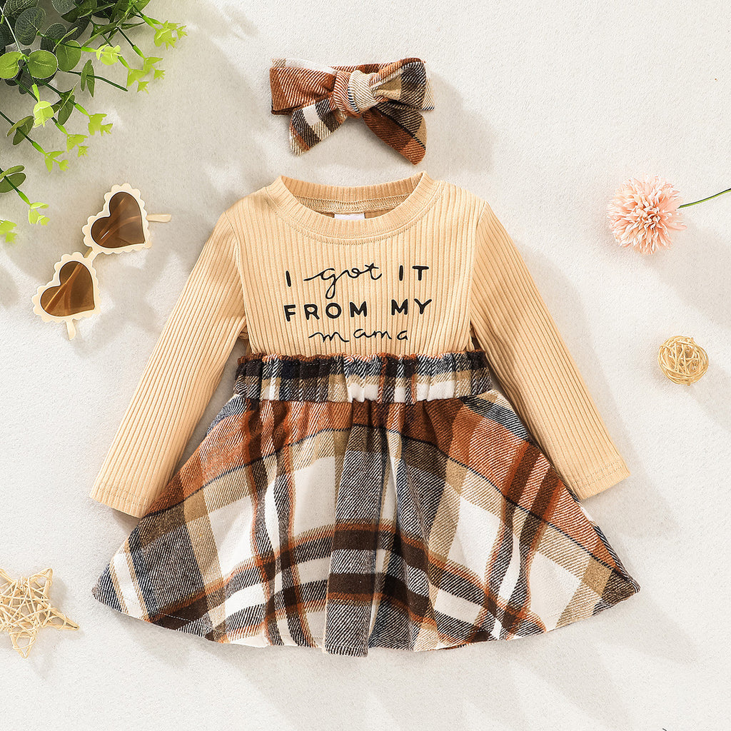 Wholesale Baby Plaid Round neck Patchwork Print A-line Long Sleeve Dress in Bulk - PrettyKid