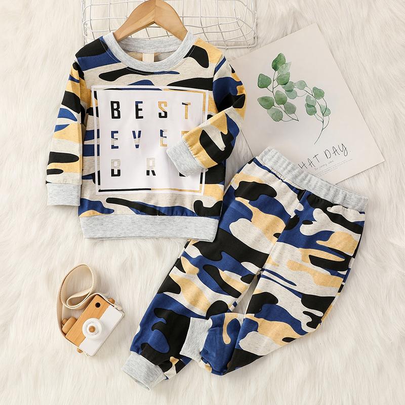 trendy kids wholesale clothing Toddler Boy Camouflage Print Letter Pattern Sweater & Pants Wholesale Children's Clothing - PrettyKid