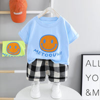 2pcs Fashion Color-block Smile Print T-shirt and Plaid Pants - PrettyKid