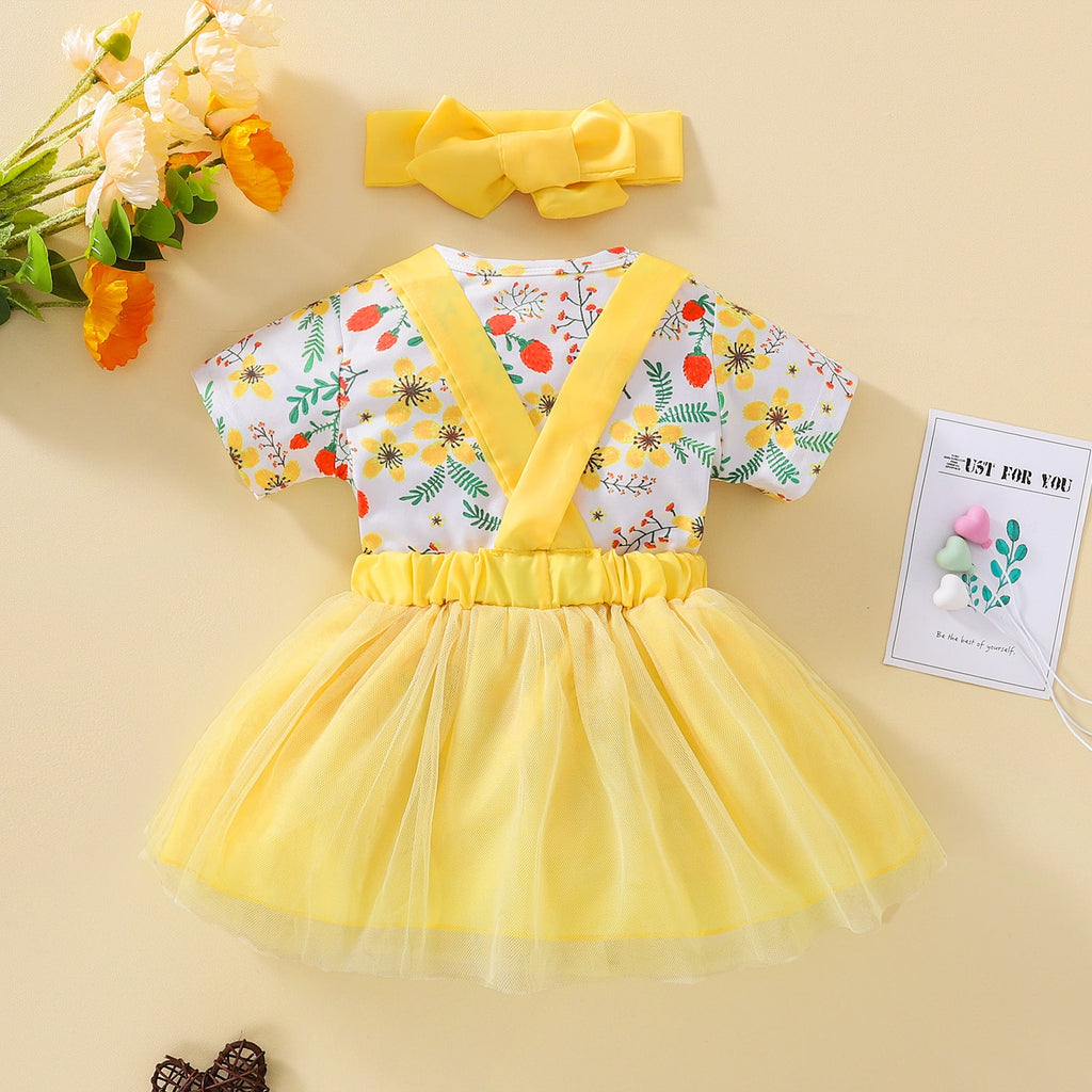 3-18M Baby Girl Outfit Sets Floral Short Sleeve Mesh Panel Headband Wholesale Baby Clothes - PrettyKid