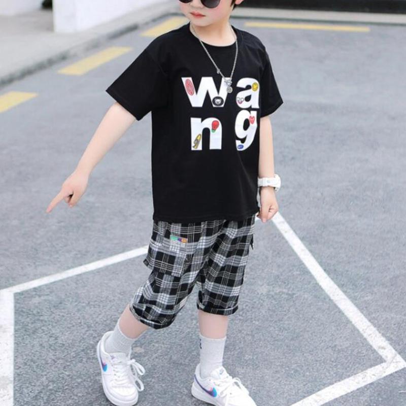 Boy Letter Print T-shirt & Plaid Cropped Pants - PrettyKid