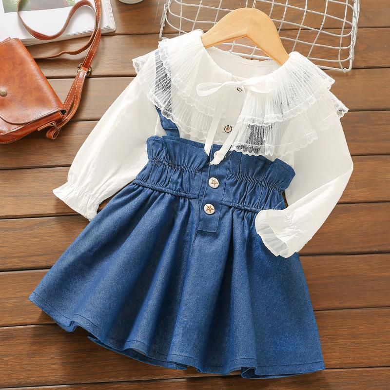 2-piece Solid Lace Blouse & Dungarees for Toddler Girl - PrettyKid