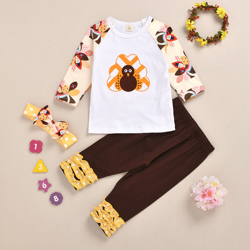 Wholesale Toddler Girl Thanksgiving Day Color-block Daily Top & Pants T-shirt Set in Bulk - PrettyKid