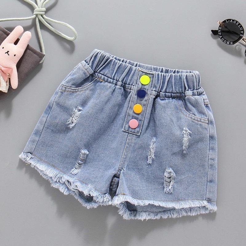 Kid Girl Color Button Casual Denim Shorts - PrettyKid