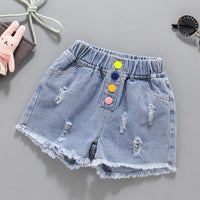 Kid Girl Color Button Casual Denim Shorts - PrettyKid