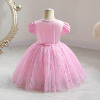 Girl Unicorn Pattern Puff Sleeve Mesh Hem Formal Dress - PrettyKid