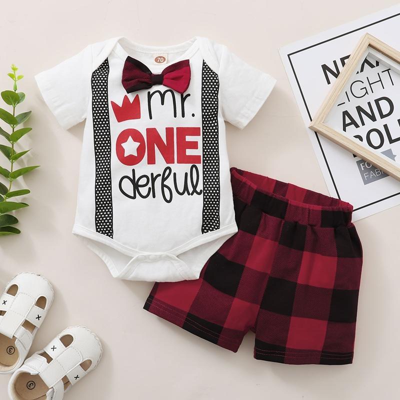 Baby Boy Letter Print Romper & Plaid Shorts - PrettyKid