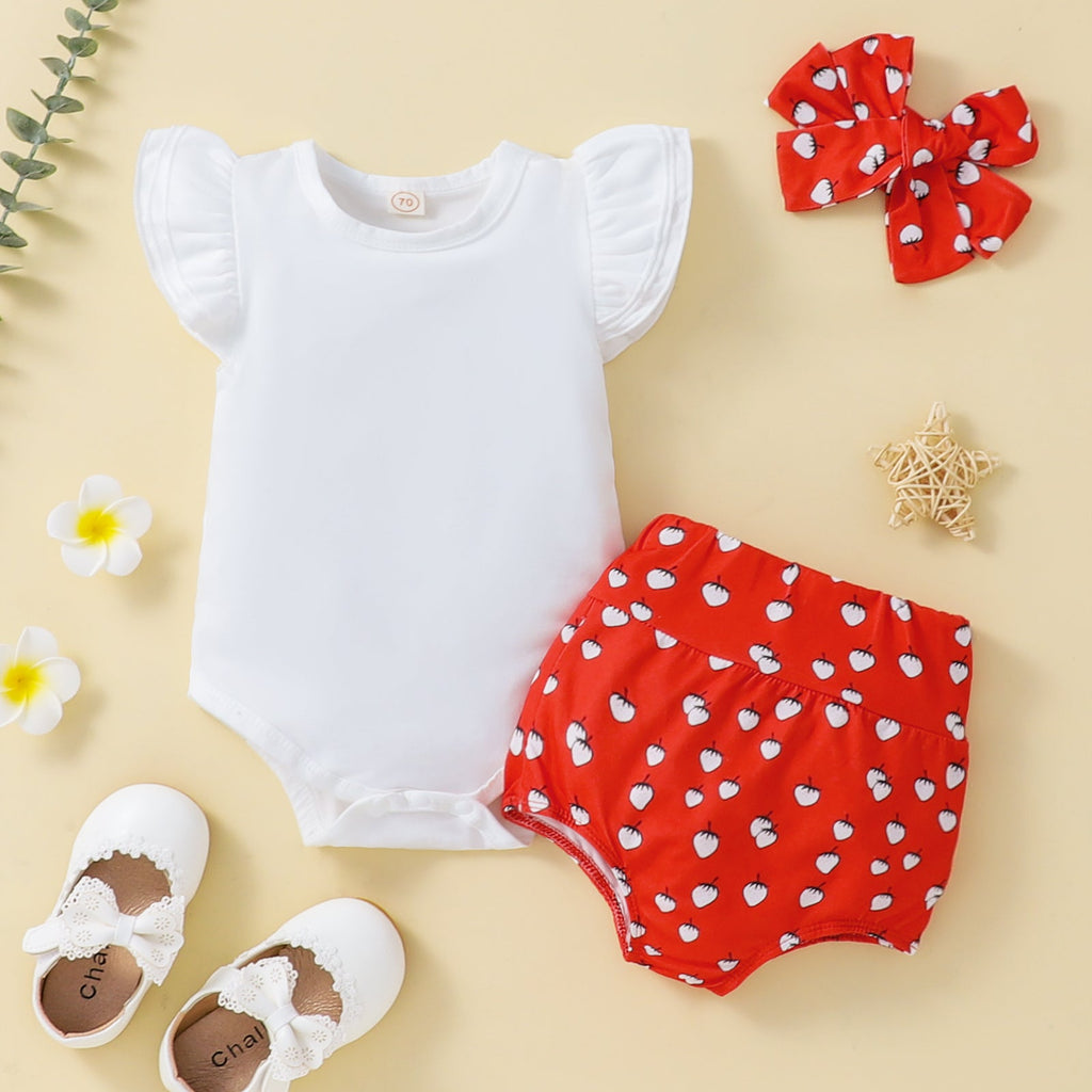 3-24M Baby Girls Sets Flutter Sleeve Bodysuit & Shorts & Headband Wholesale Baby Clothes In Bulk KCLV385110223 - PrettyKid