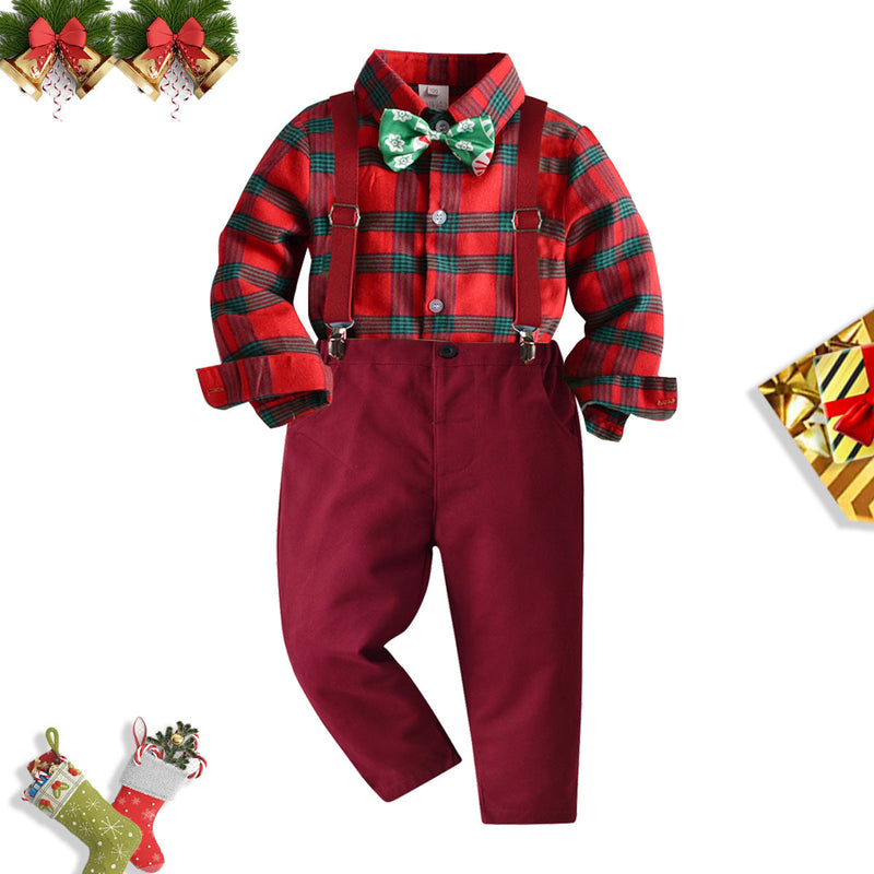 12M-5Y Red Christmas Boy Suit Plaid Shirt And Suspender Pants Wholesale Kids Boutique Clothing - PrettyKid
