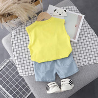 Toddler Boy Cartoon Fox Pattern Letter Print Sleeveless Top & Denim Shorts - PrettyKid