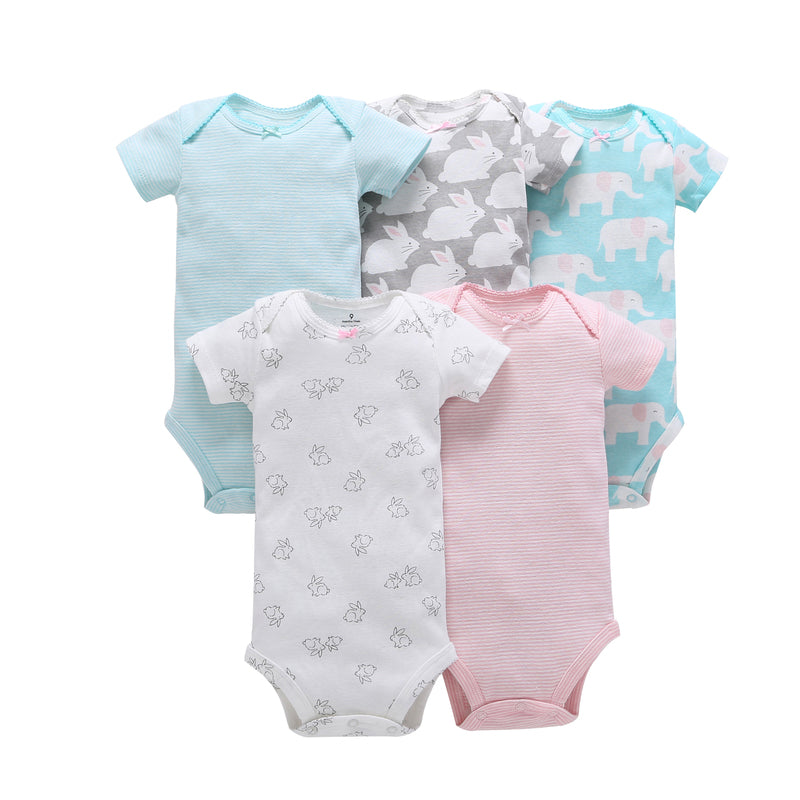 5PCs Set Jumpsuit Baby Boys Girls Short Sleeve Mixed Color Printing Triangle Jumpsuit Creeper 3 - PrettyKid