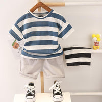 2-piece Solid Strip Short-sleeve Top and Shorts for Children - PrettyKid