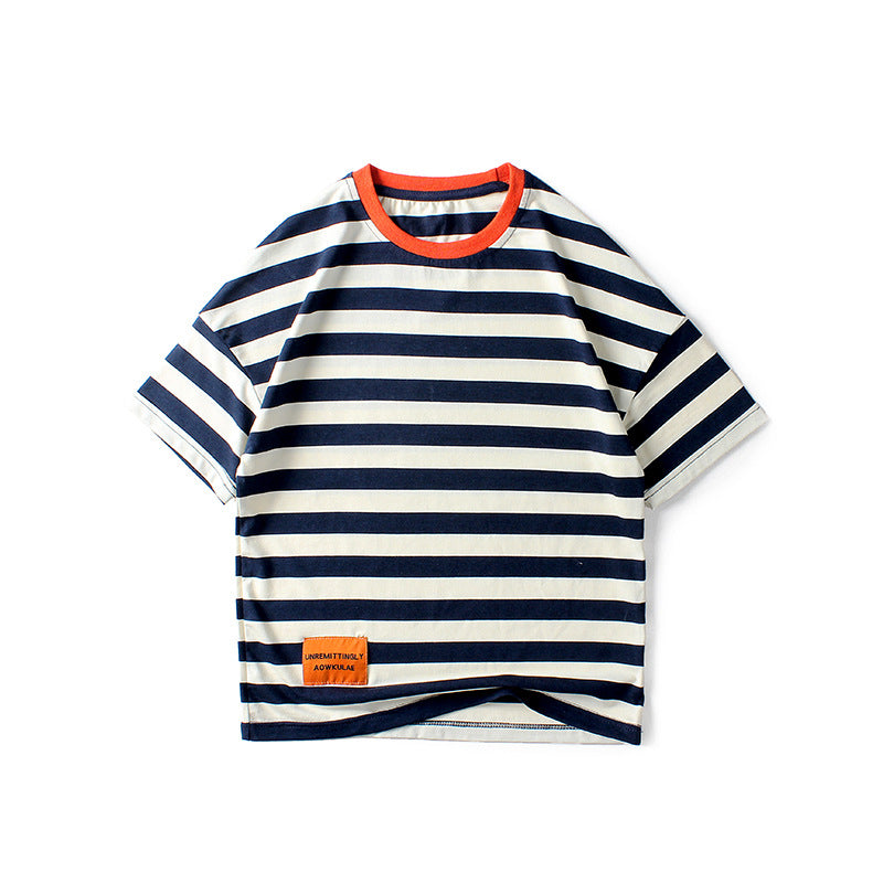Boy Short-Sleeved Striped T-Shirt Trendy Kids Wholesale Clothing - PrettyKid