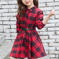 Long-Sleeve Plaid Dress with a Belt - PrettyKid