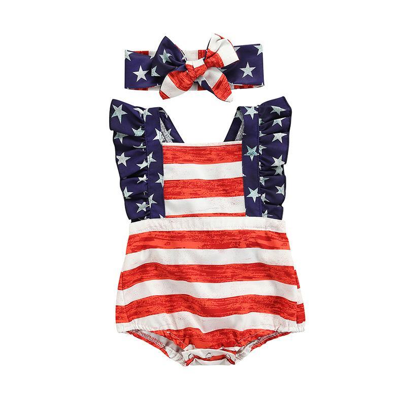 Baby Girl Independence Day Pentagram Print Striped Bodysuit & Headband - PrettyKid