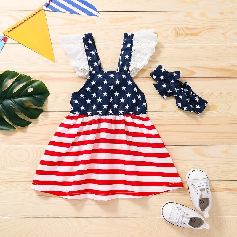 Baby Girl Independence Day Striped Ruffle Armhole Dress & Headband - PrettyKid