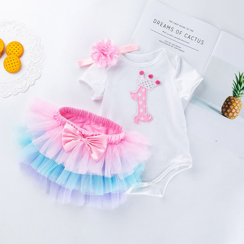 0-18M Baby Girls Birthday Sets Letter Crown Bodysuit & Tutu Skirts & Headband Bulk Baby Clothes - PrettyKid