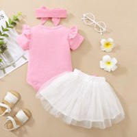 Baby Girl Rabbit Pattern Romper & Mesh Skirt & Bowknot Headband - PrettyKid