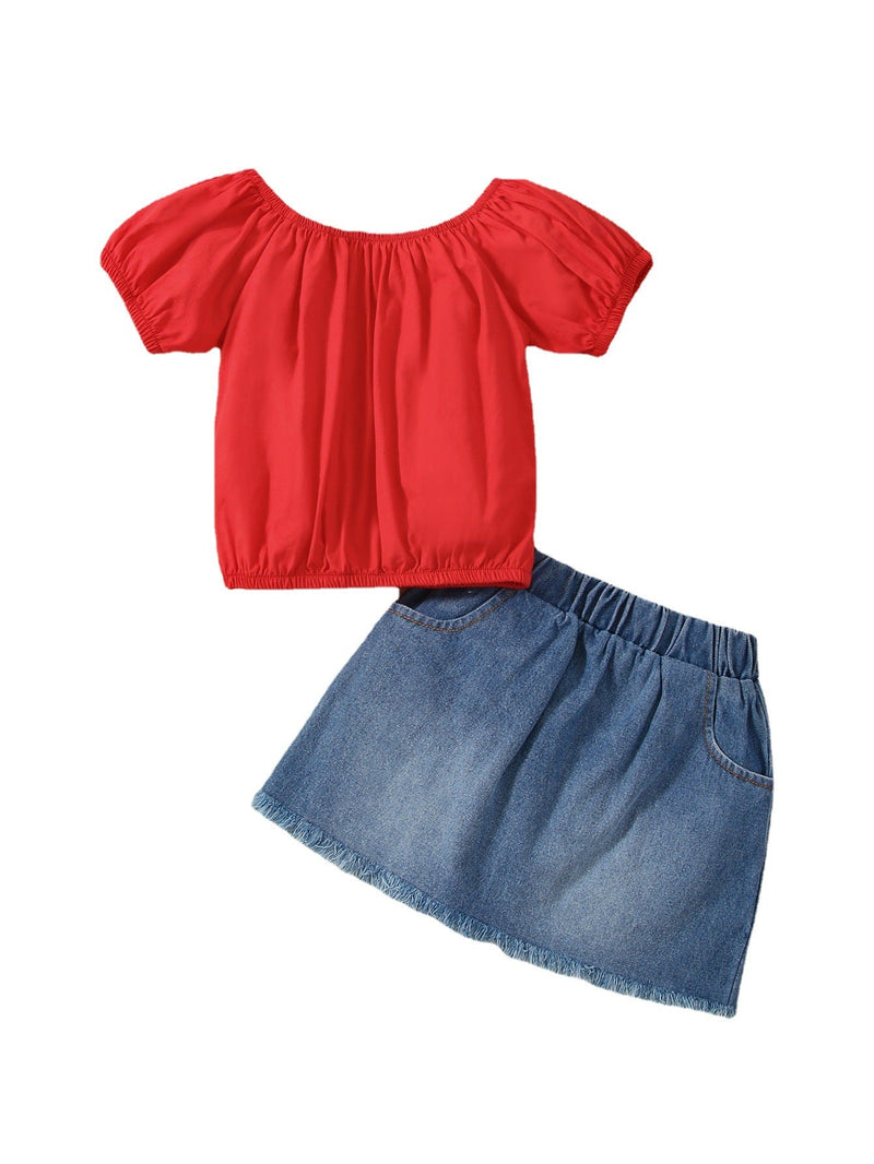Baby Girl Puff Sleeve Top And Denim Skirt Two Piece Baby Sets - PrettyKid