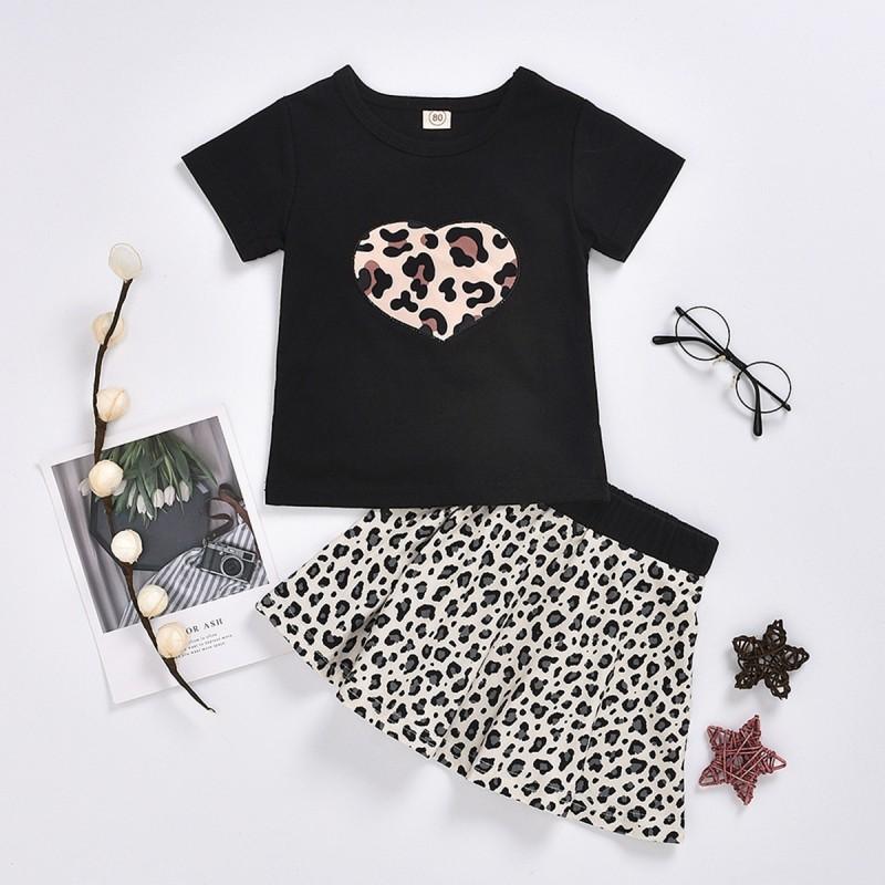 Loepard&Heart Print Top and Skirt Set Wholesale children's clothing - PrettyKid