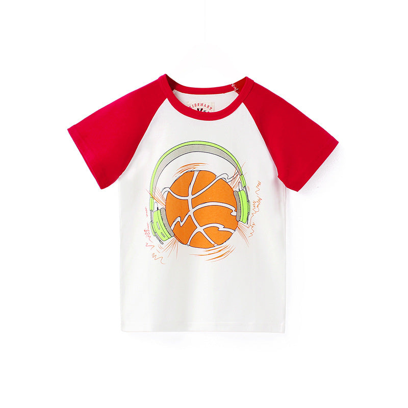4-12Y Basketball Print Short Sleeve Contrast Crew Neck Boys T Shirts Wholesale Kids Boutique Clothing - PrettyKid