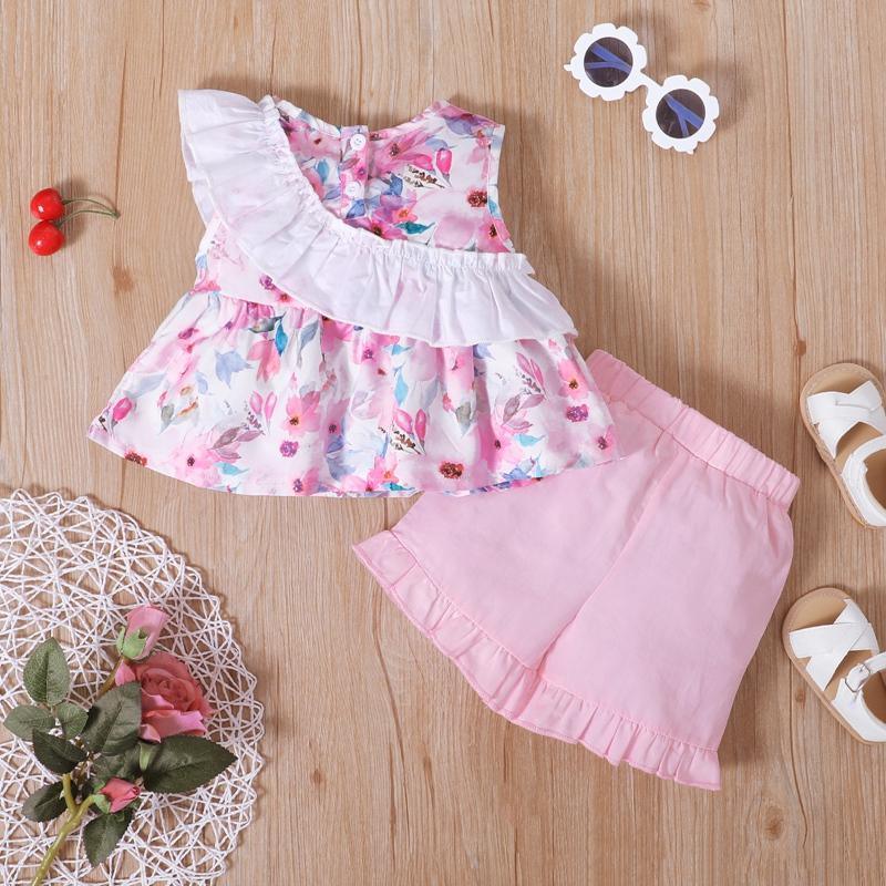 Toddler Girl Ruffle Trim Sleeveless Floral Top & Shorts - PrettyKid