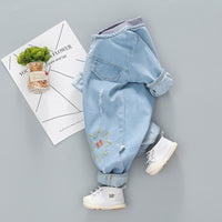 Long-Sleeve Animal Embroidered Denim Jumpsuit Wholesale children's clothing - PrettyKid