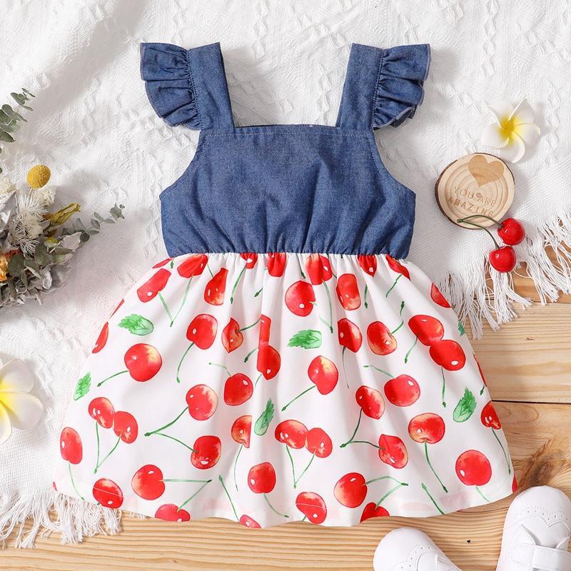 Toddler Girl Cherry Print Ruffle Armhole Dress - PrettyKid