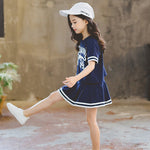 Girls Summer Solid Color Cartoon Letter Printed Short Sleeve Top Pleated Skirt Set - PrettyKid