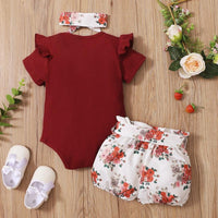 Baby Girl Ruffle Romper & Floral Shorts & Floral Headband - PrettyKid