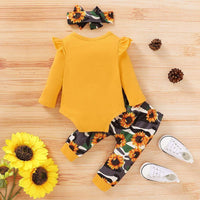 3-piece Letter Ruffled Bodysuit, Camouflage Floral Pants with Headband Wholesale children's clothing - PrettyKid