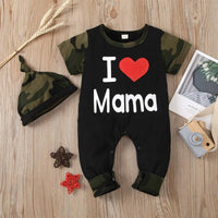 Baby Letter Graphic Camouflage Print Jumpsuit & Hat - PrettyKid