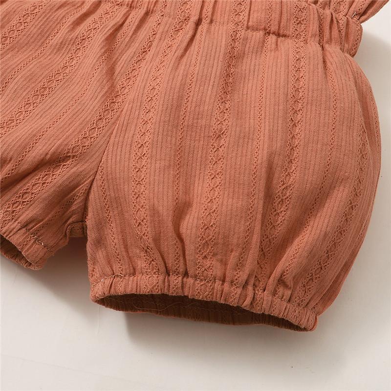 Baby Girl Solid Color Bow Decor Sleeveless Bodysuit & Ruffle Trim Shorts - PrettyKid