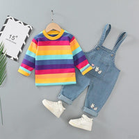 9months-5years Toddler Girl Sets Children's Suits Striped Long Sleeve T-Shirt & Denim Overalls Two-Piece Set - PrettyKid