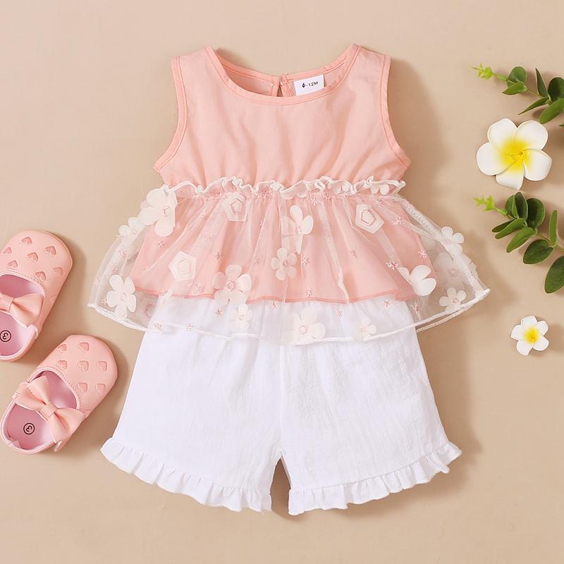 Toddler Girl Sleeveless Mesh Stitching Top & Solid Color Shorts - PrettyKid