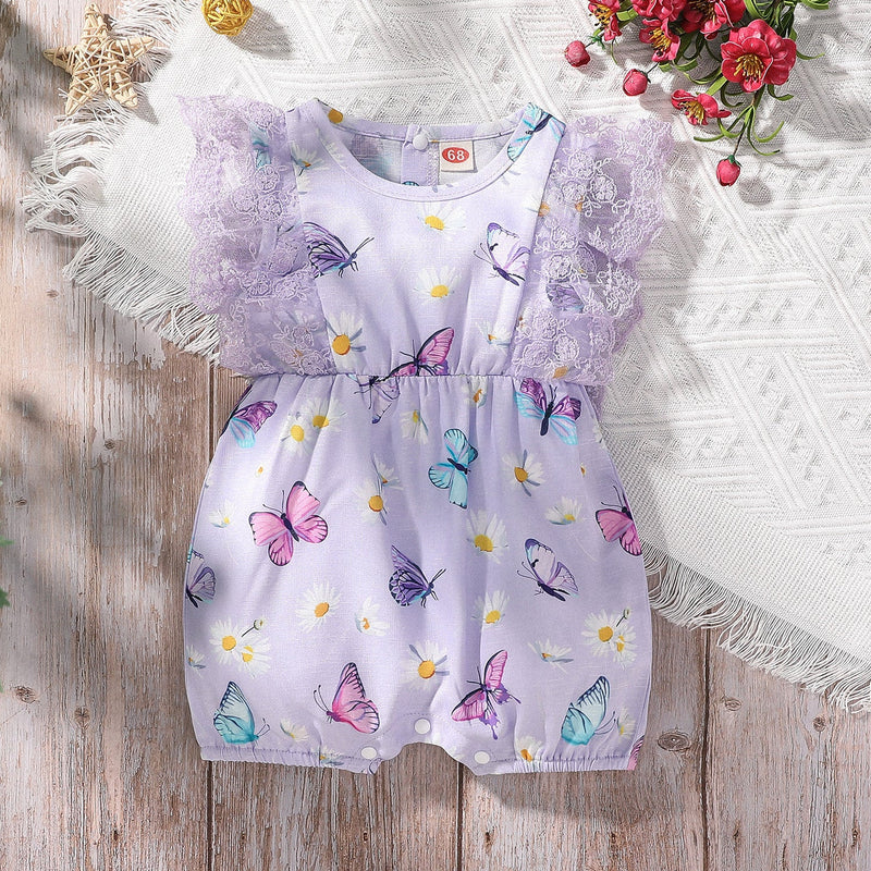 0-18M Sleeveless Butterfly-Print Lace-Trimmed Romper Wholesale Baby Clothes - PrettyKid