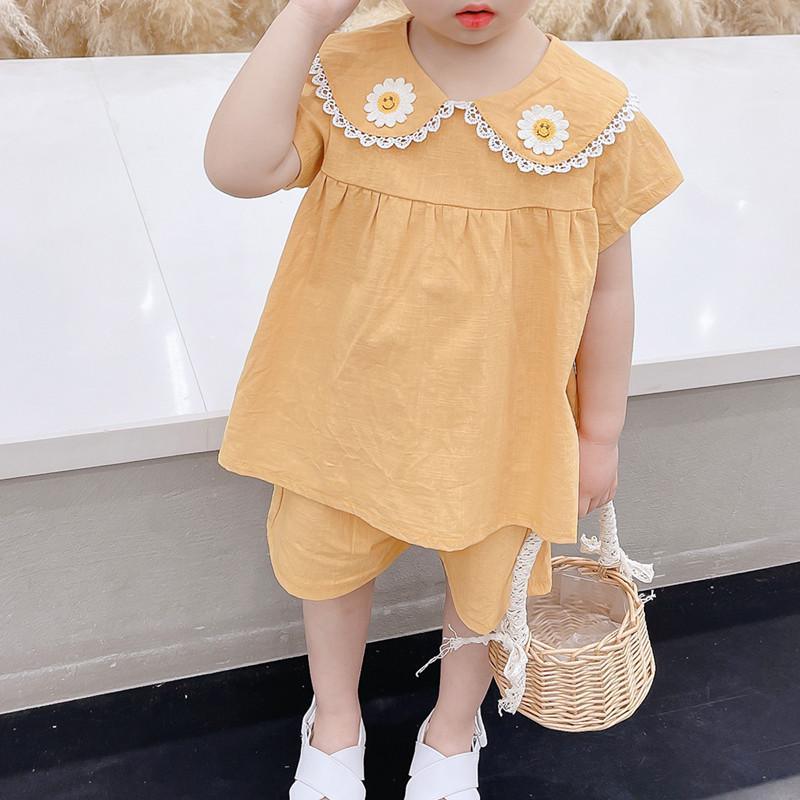 Toddler Girl Cotton Daisy Lapel Top & Shorts - PrettyKid