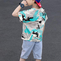 Kid Boy Camouflage Letter Top & Denim Shorts - PrettyKid