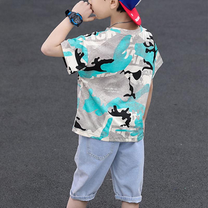 Kid Boy Camouflage Letter Top & Denim Shorts - PrettyKid
