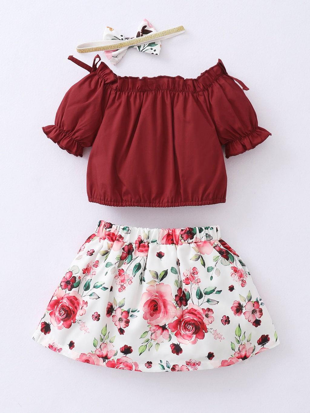 Baby Girl Puff Sleeve Top And Floral Skirt With Headband Baby Girl Outfit Sets - PrettyKid