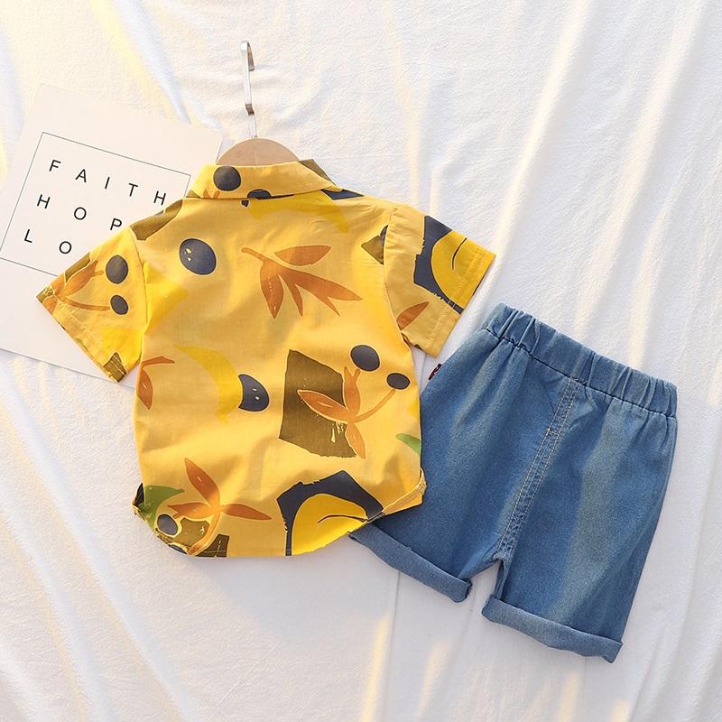 Toddler Boy Leaf Print Shirt & Denim Shorts - PrettyKid
