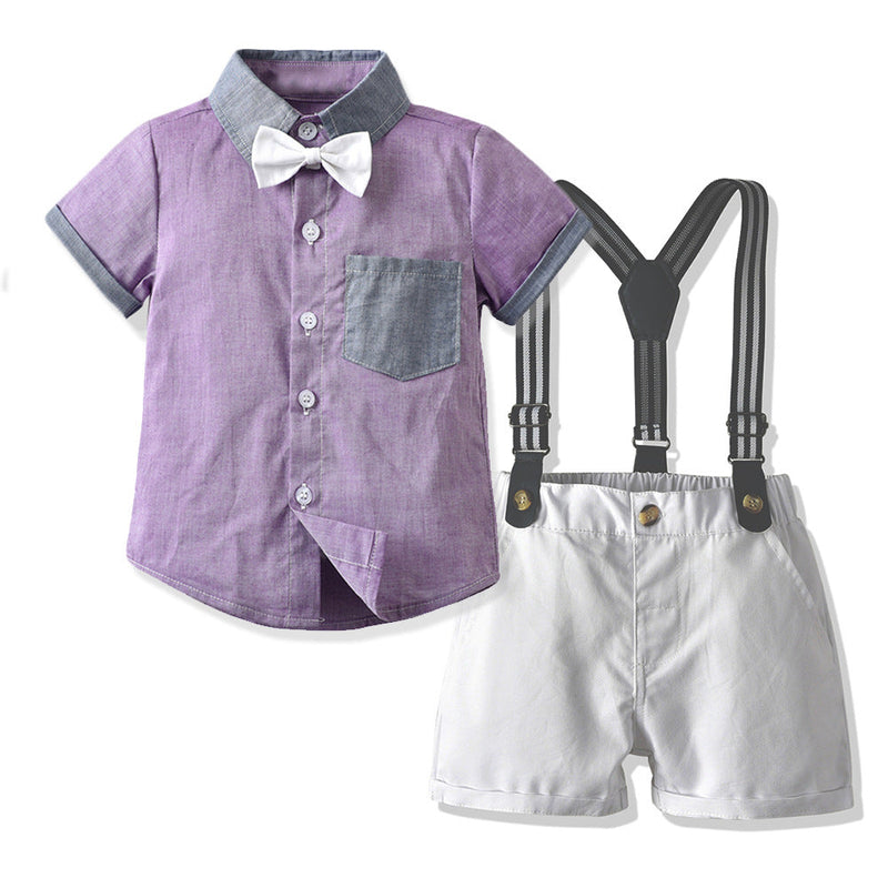 Boys Stitching Bow Tie Shirt Plain Fifth Suspender Pants Wholesale Toddler Boy Sets - PrettyKid