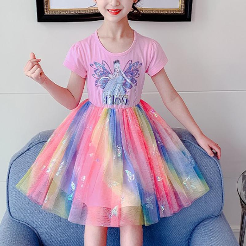Girl Butterfly Rainbow Mesh Hem Dress - PrettyKid
