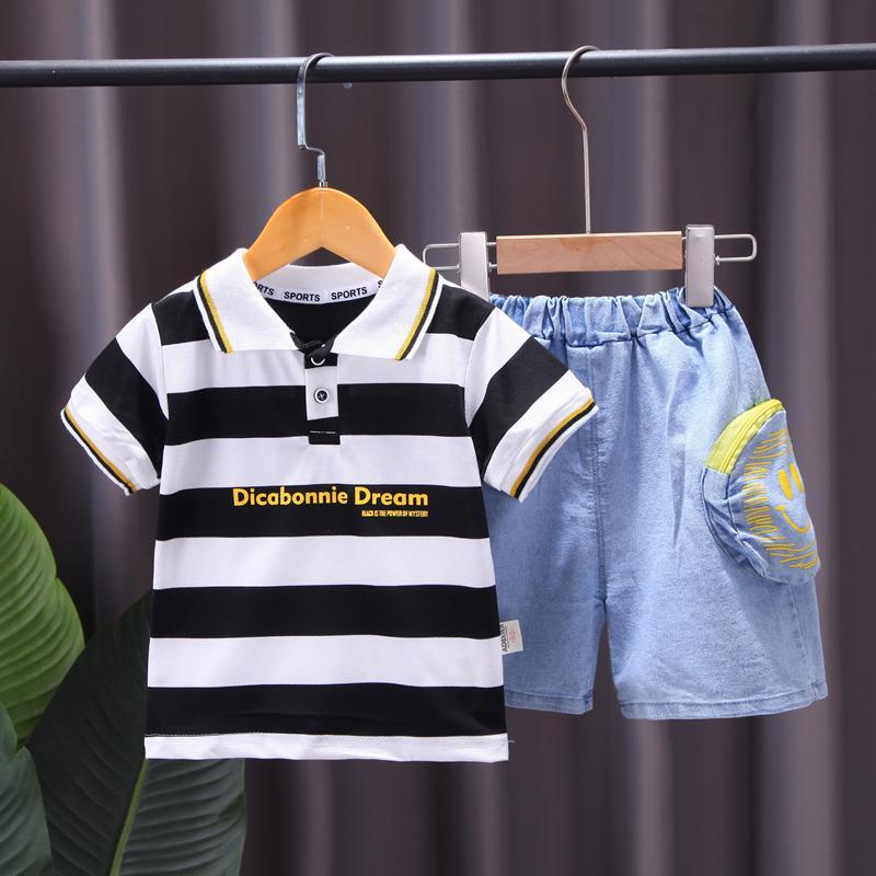 Toddler Boy Letter Print Striped POLO Shirt & Pocket Shorts - PrettyKid