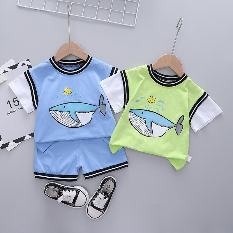 wholesale little girl dresses Toddler Boy Whale Pattern Color-block Top & Shorts - PrettyKid