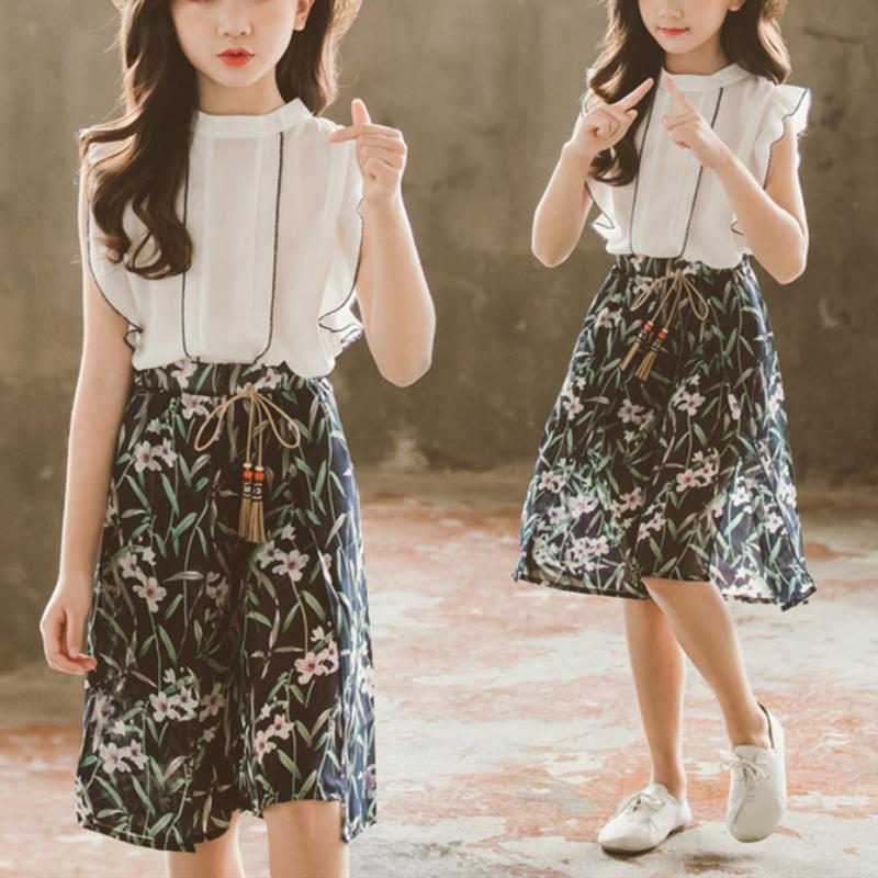 2-piece Ruffle Sleeveless Shirt & Floral Knee Length Pants for Girl - PrettyKid