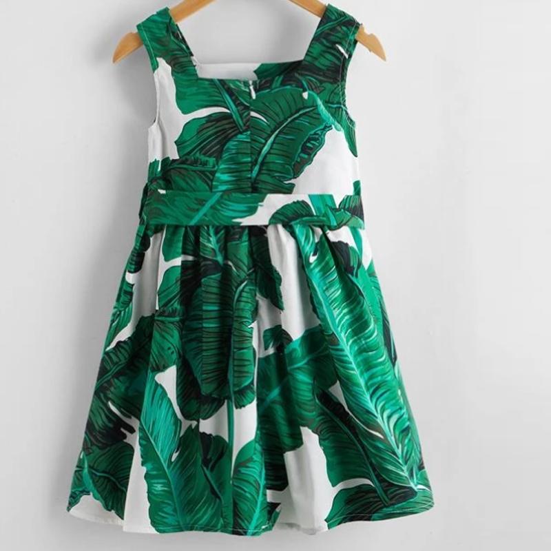 Girl Square Collar Green Leaves Dress - PrettyKid